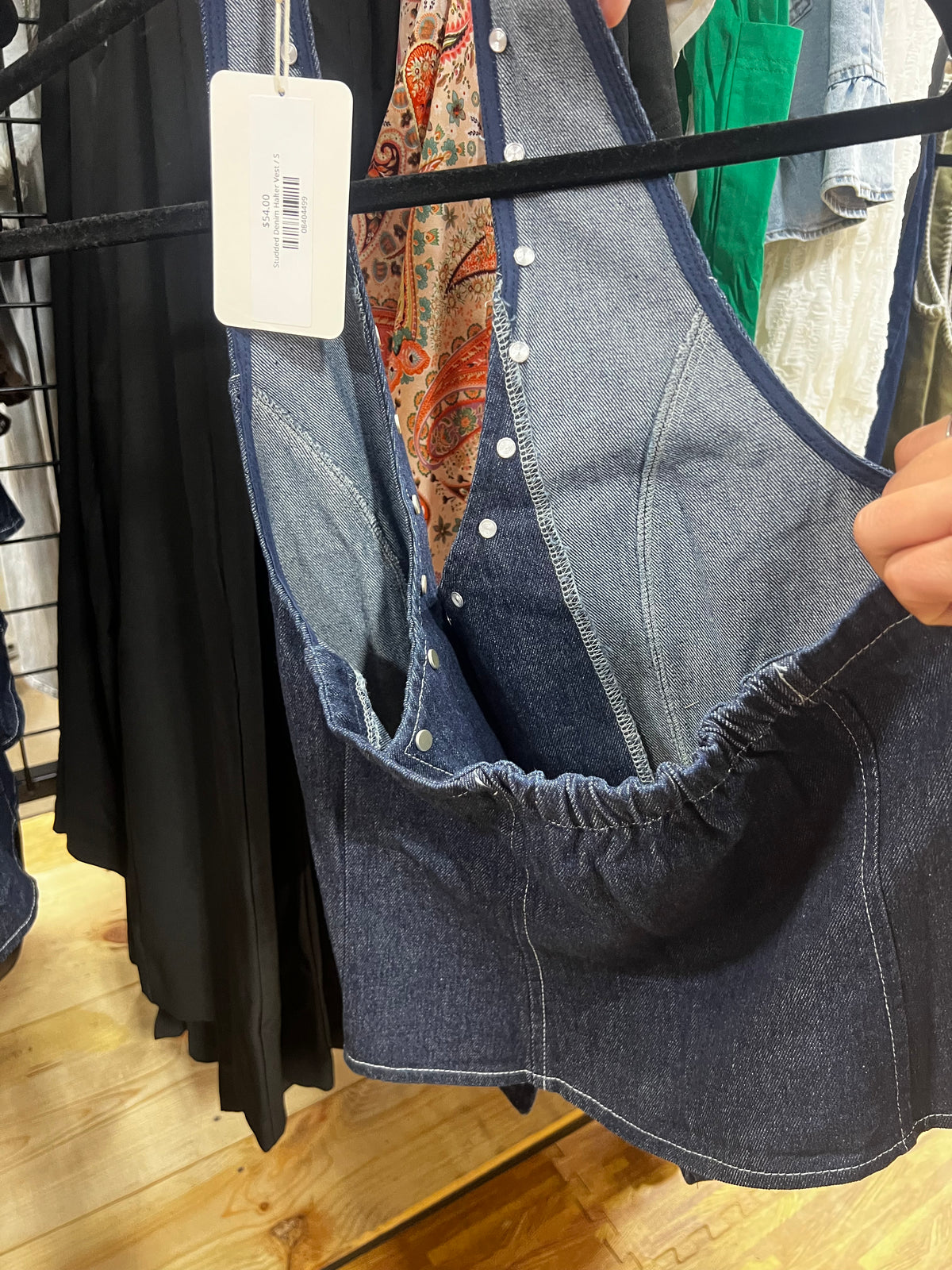 Studded Denim Halter Vest-Branded Envy
