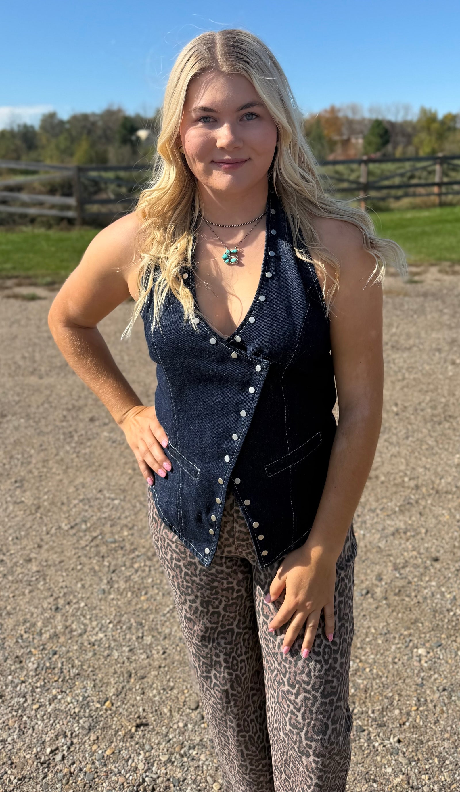 Studded Denim Halter Vest-Branded Envy