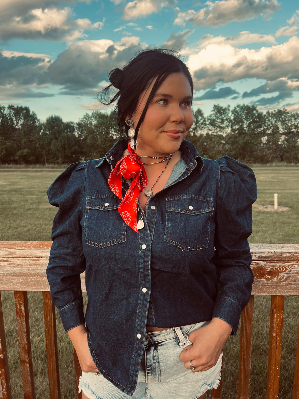 Denim Puff Sleeve Top-Branded Envy