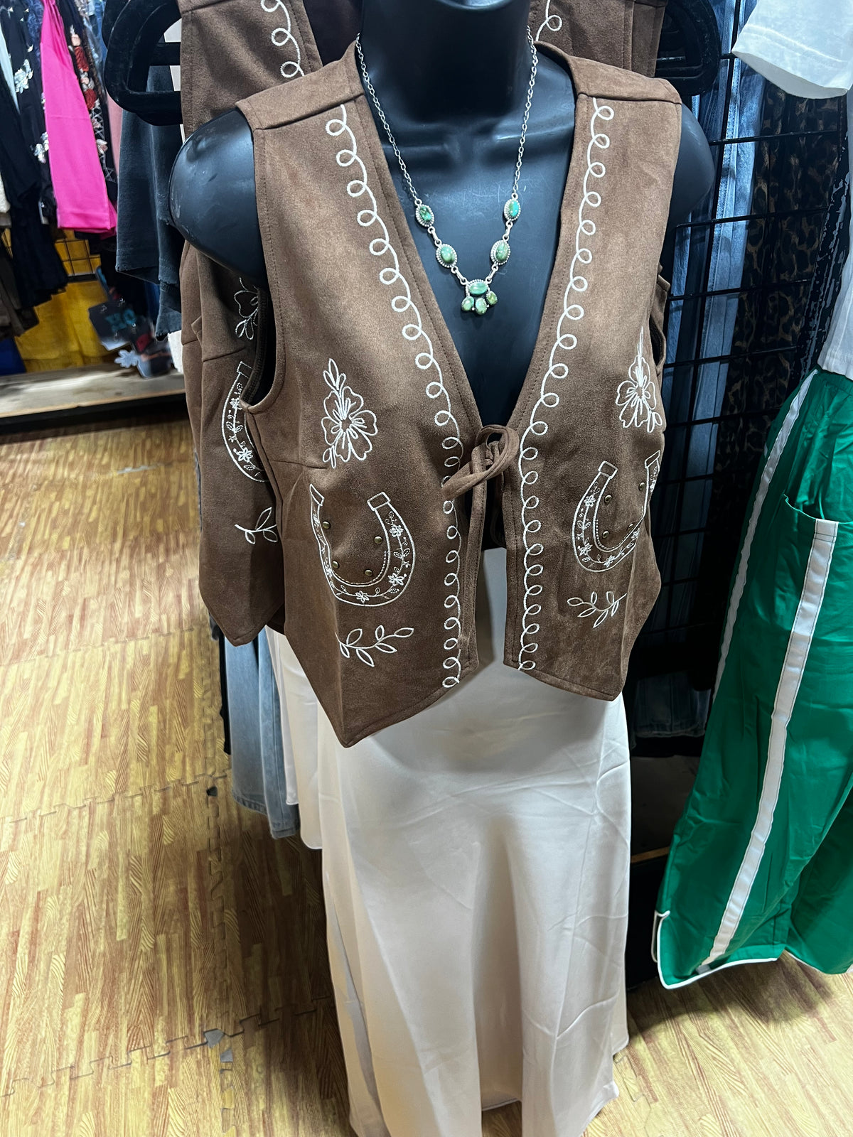 Horse Shoe Embroidery Front Tie Vest-Branded Envy