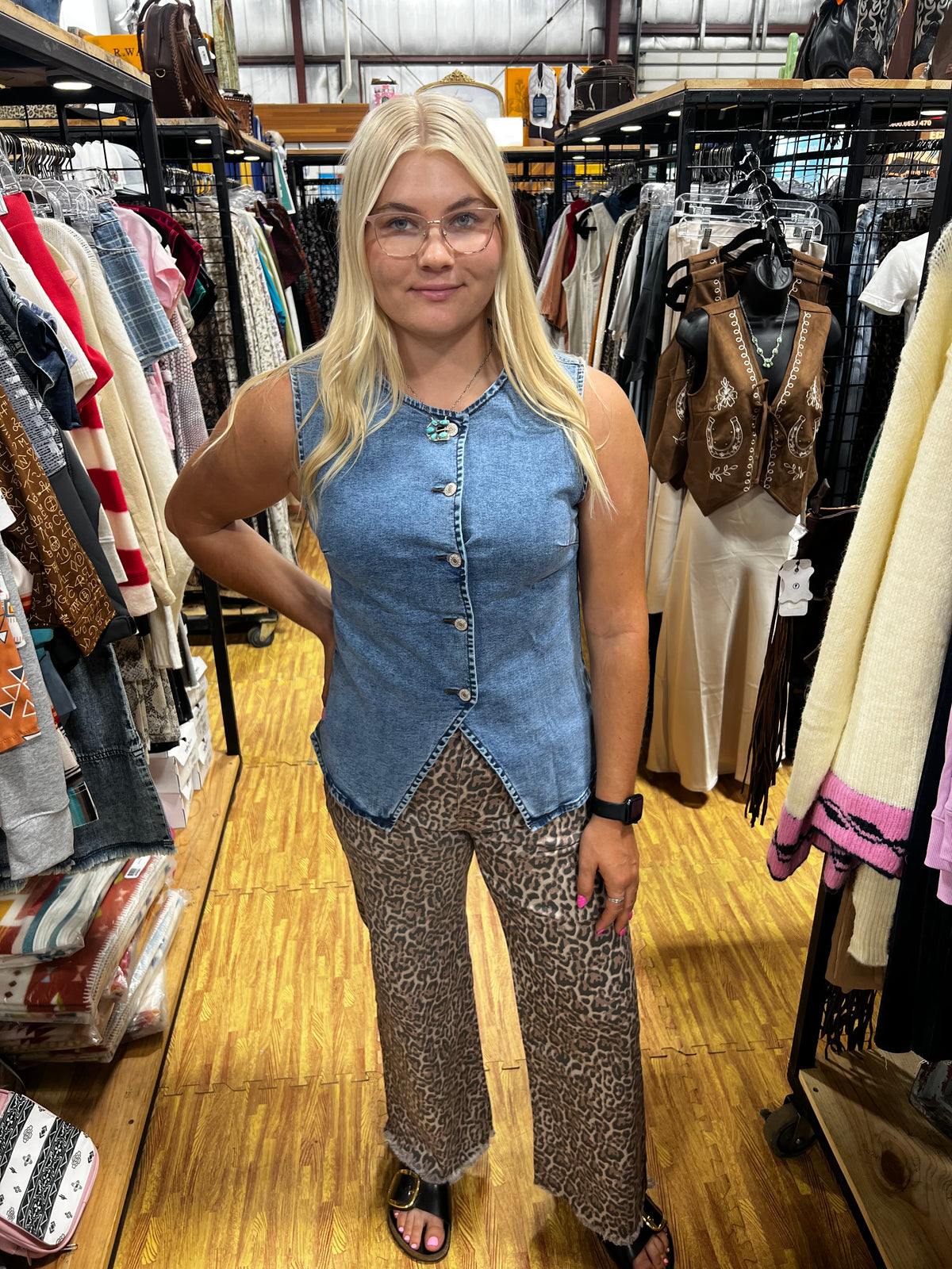 Denim Front Slit Button Vest-Branded Envy