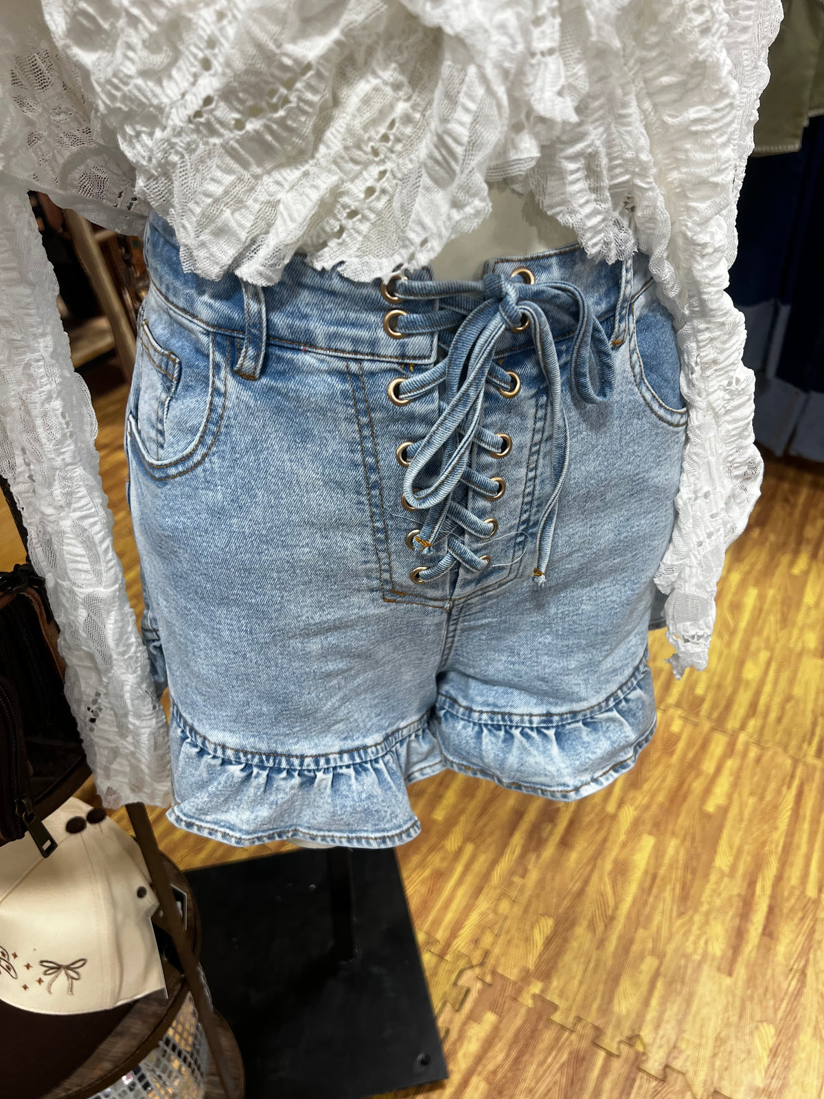 Lace-Up Ruffle Denim Shorts-Branded Envy