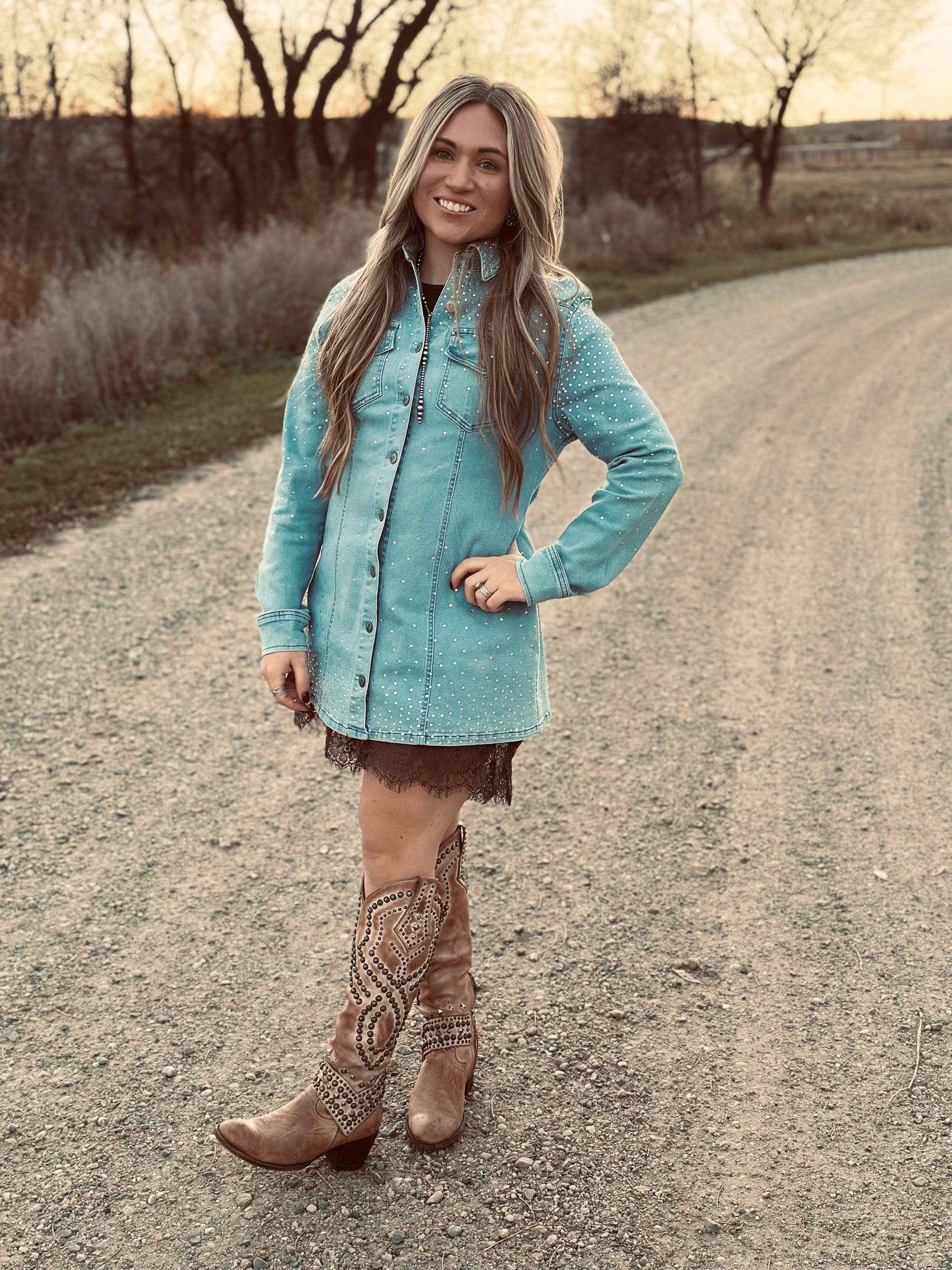 Rhinestone Denim Collared Dress-Branded Envy