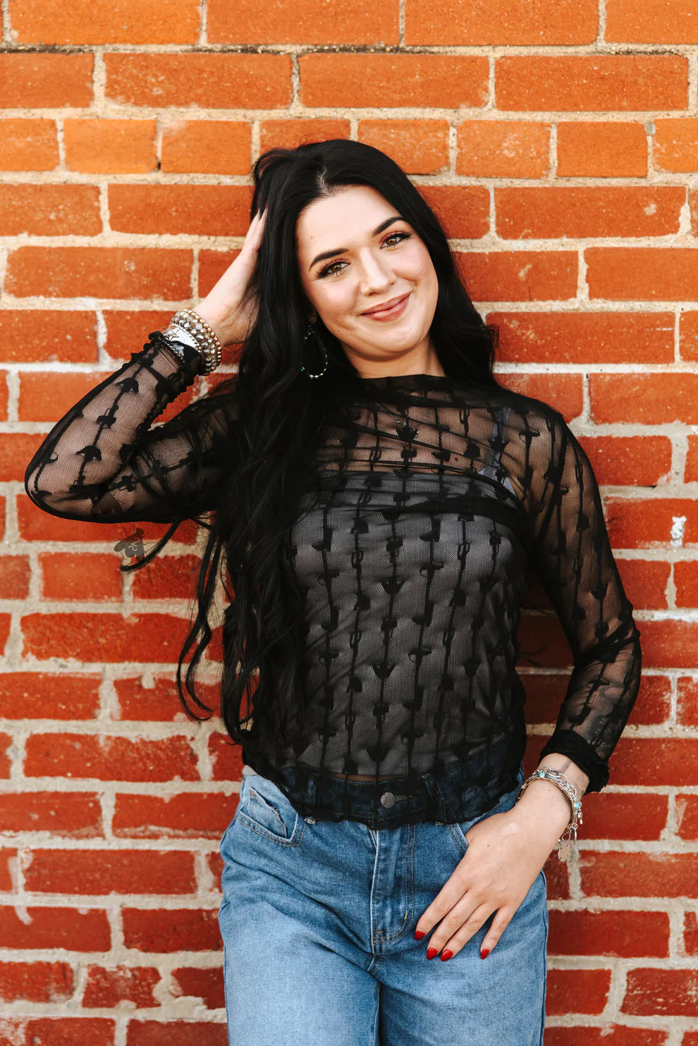 Western Print Mesh Layering Top-Branded Envy