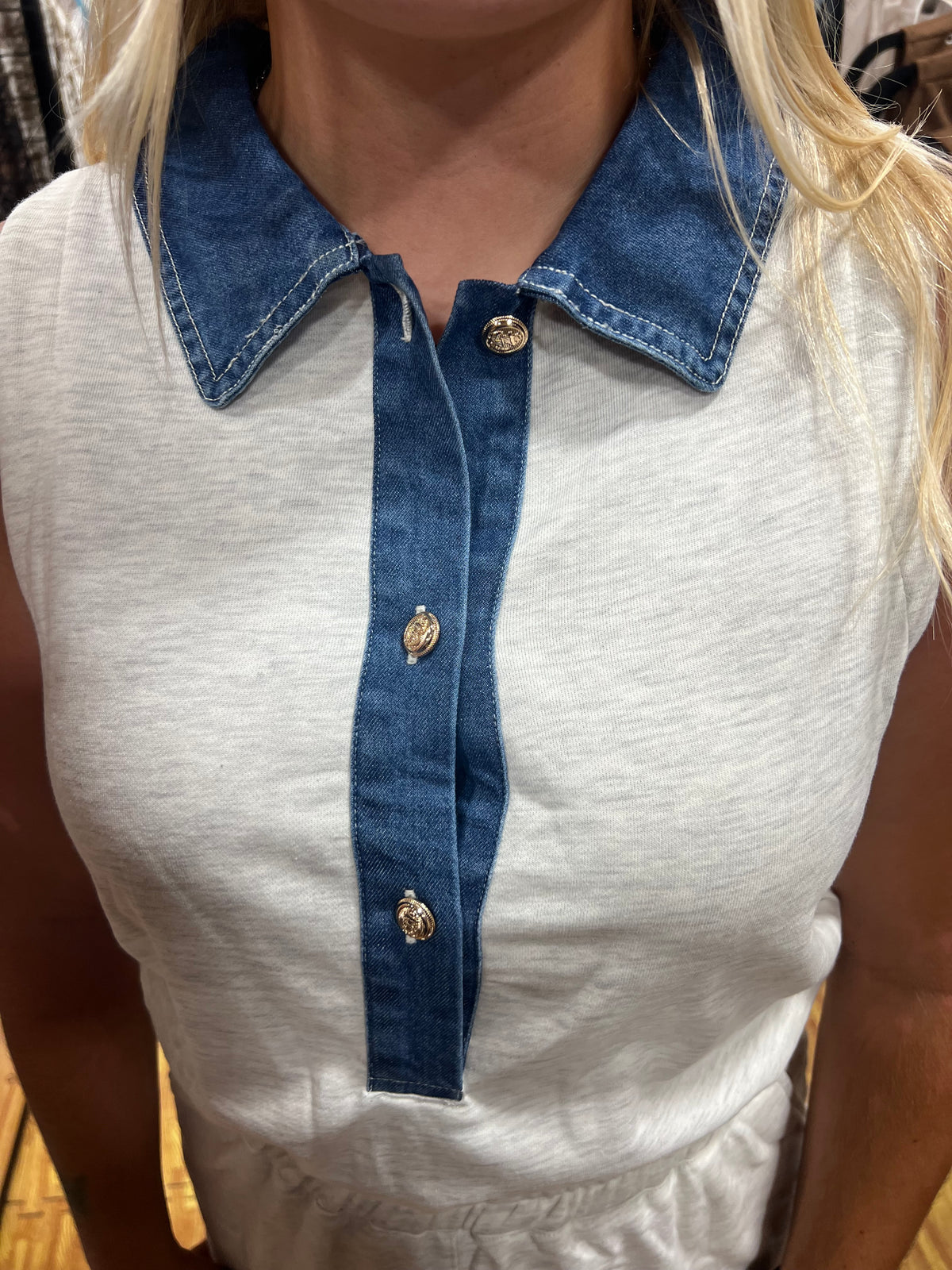 Denim Patchwork Polo Romper-Branded Envy