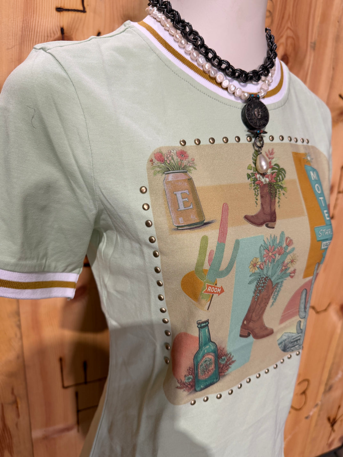 Pistachio Cactus Boots Vintage Studded Short Sleeve Shirt-Branded Envy