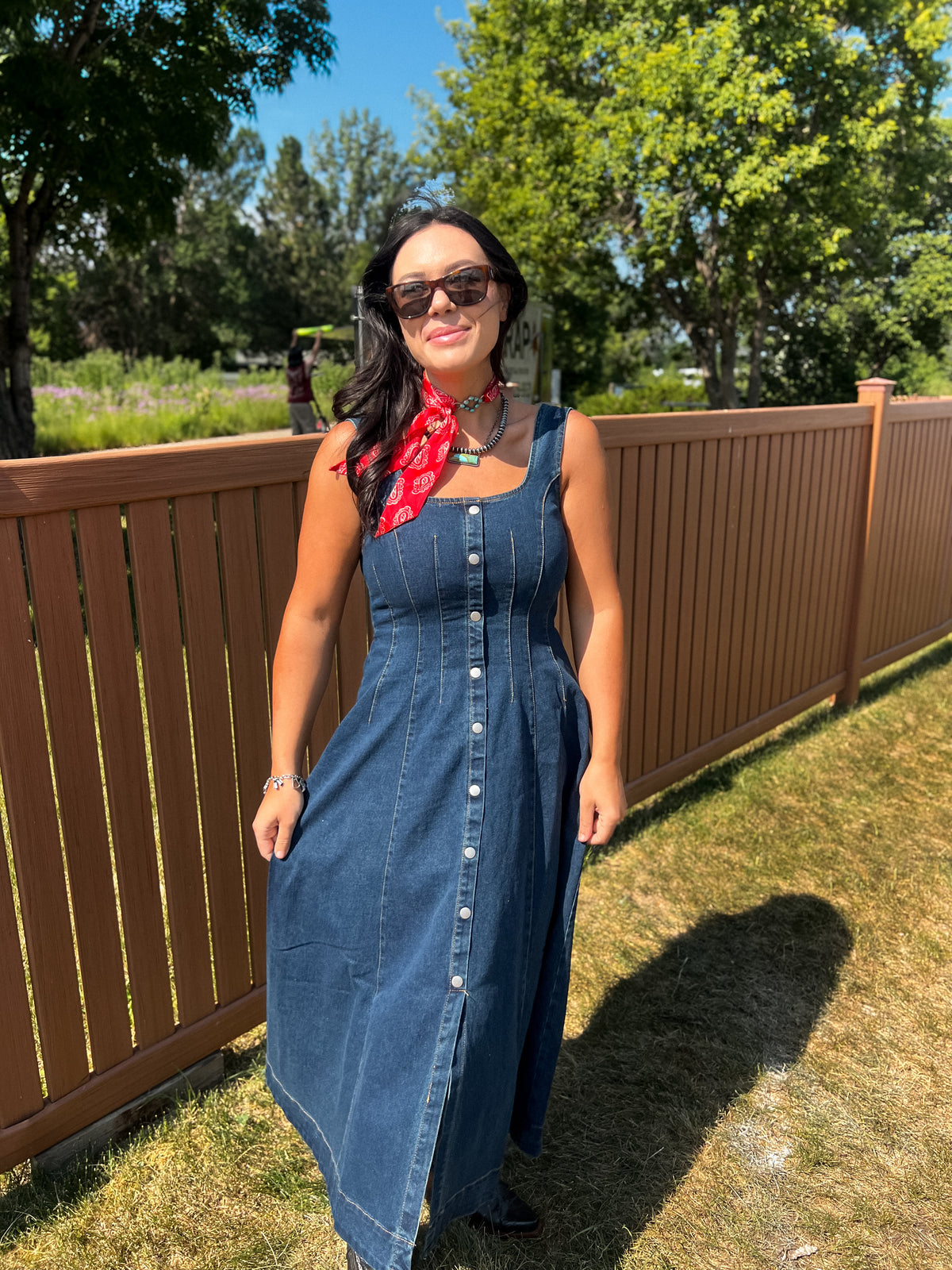 Button Down Denim Midi Dress-Branded Envy