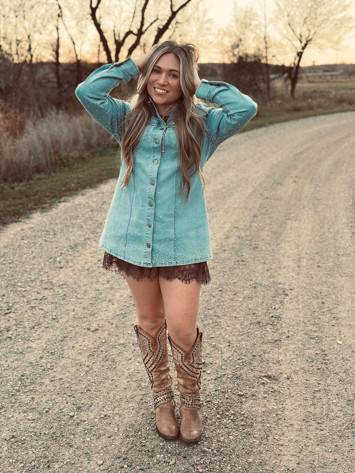 Rhinestone Denim Collared Dress-Branded Envy