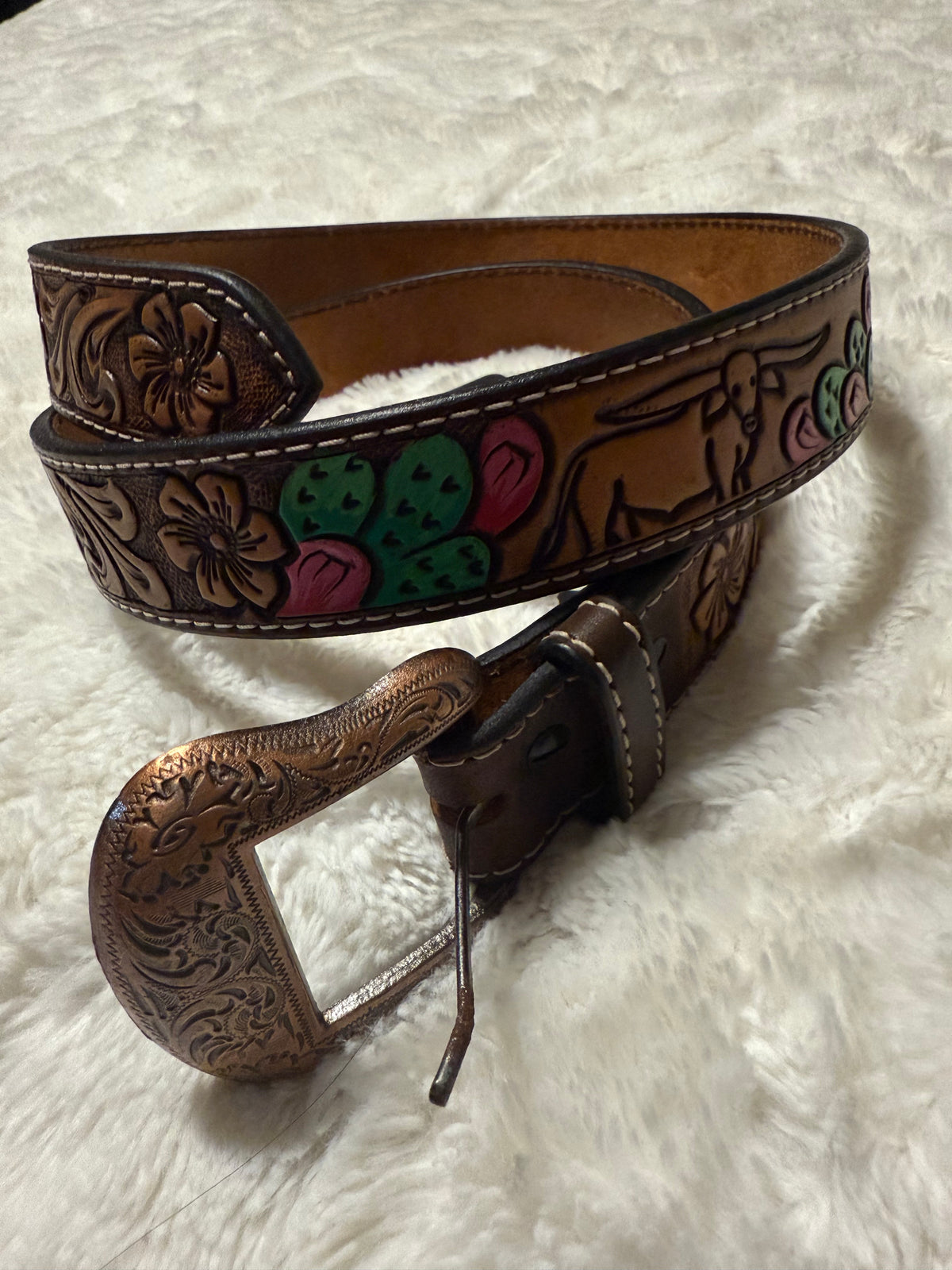 Steer Cactus Hand Tooled Belt-Branded Envy