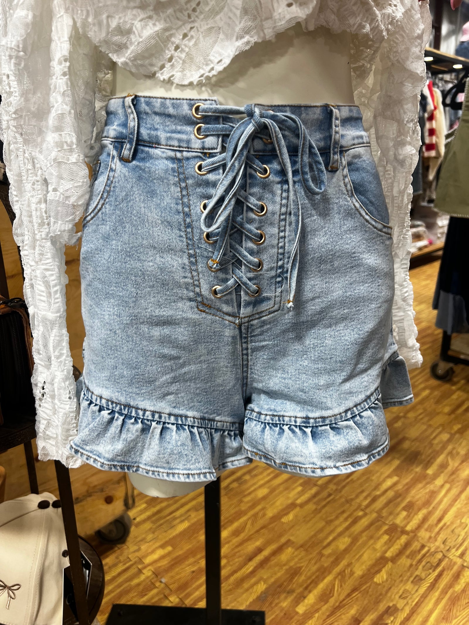 Lace-Up Ruffle Denim Shorts-Branded Envy