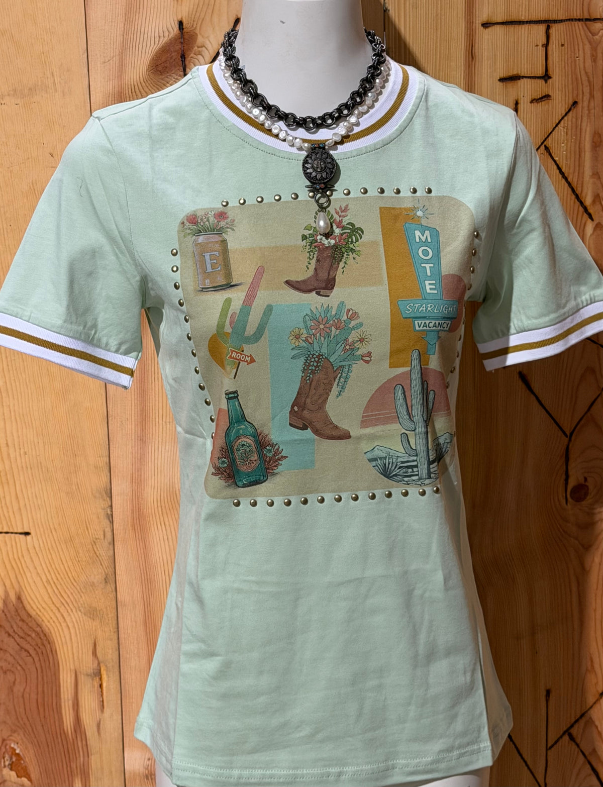 Pistachio Cactus Boots Vintage Studded Short Sleeve Shirt-Branded Envy