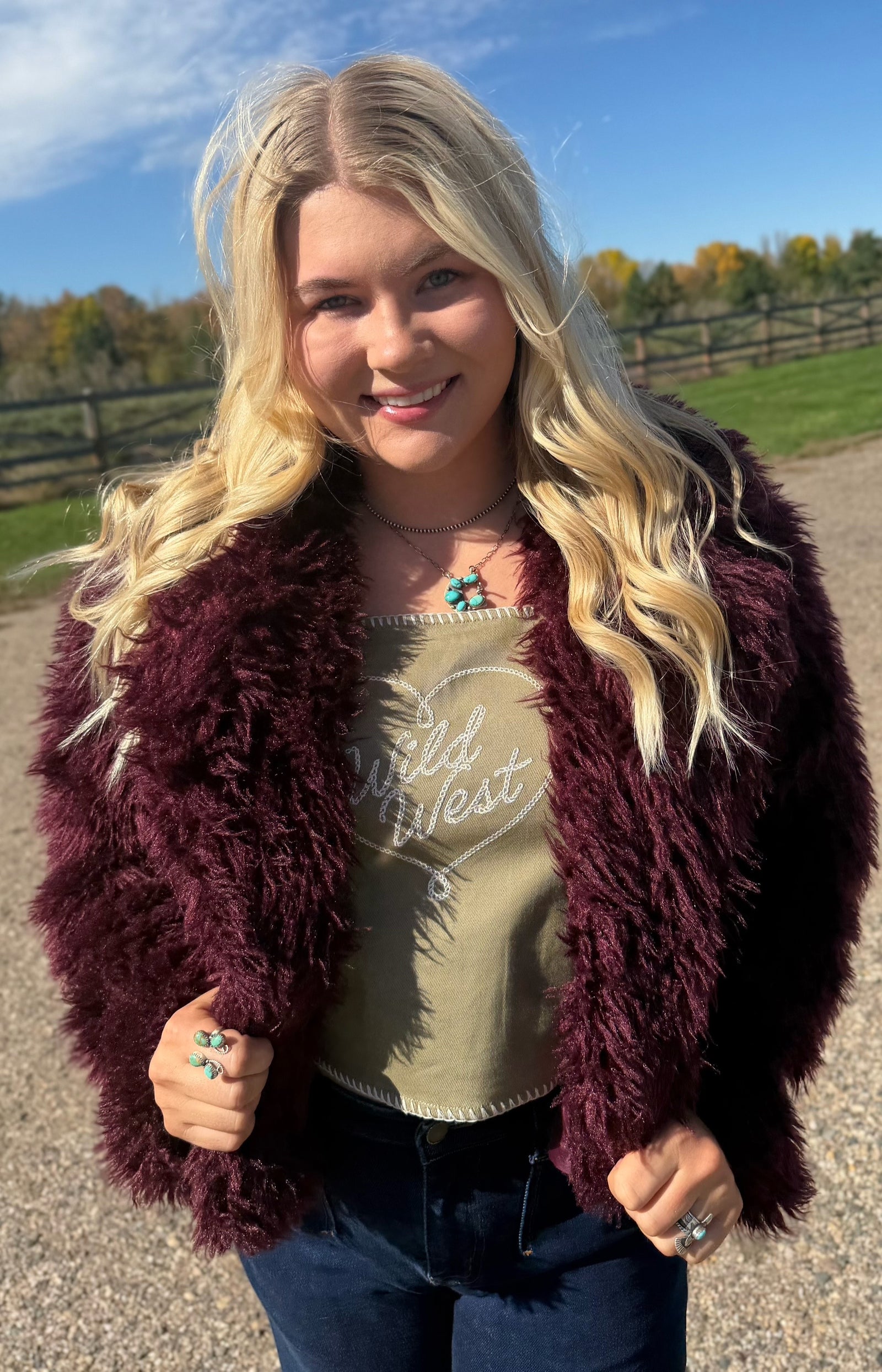 Burgundy Fuzzy Faux Fur Cropped Coat-Branded Envy