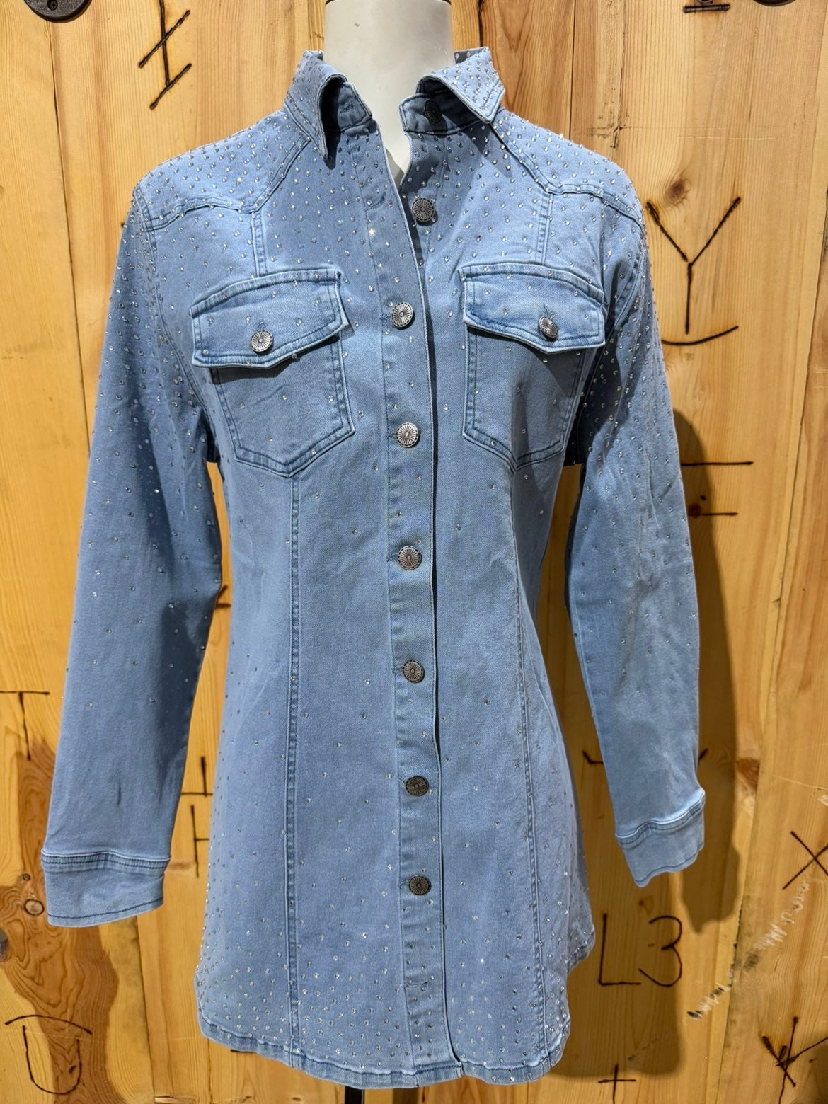 Rhinestone Denim Collared Dress-Branded Envy