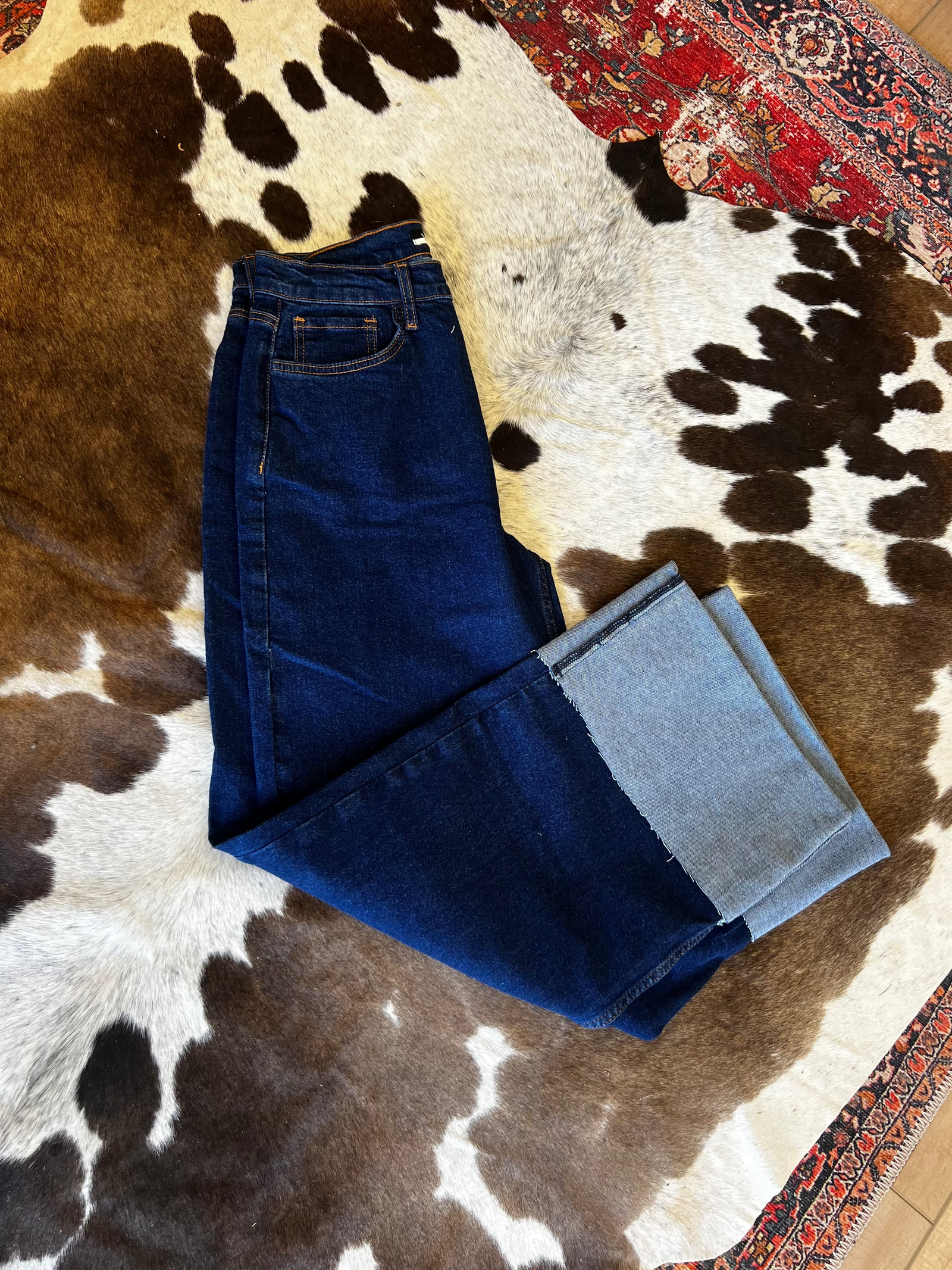 Dark Wash Cuff Up Wide Leg Jeans