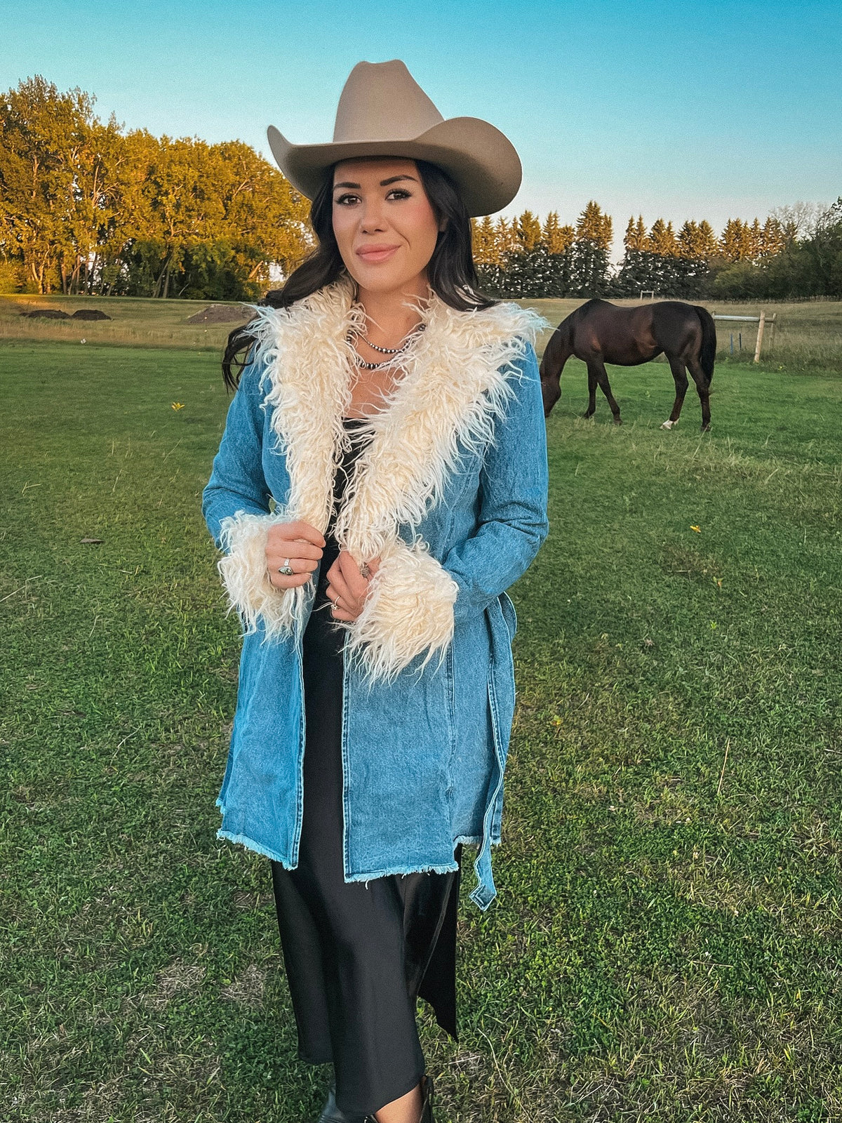 Fur Trim Denim Coat-Branded Envy