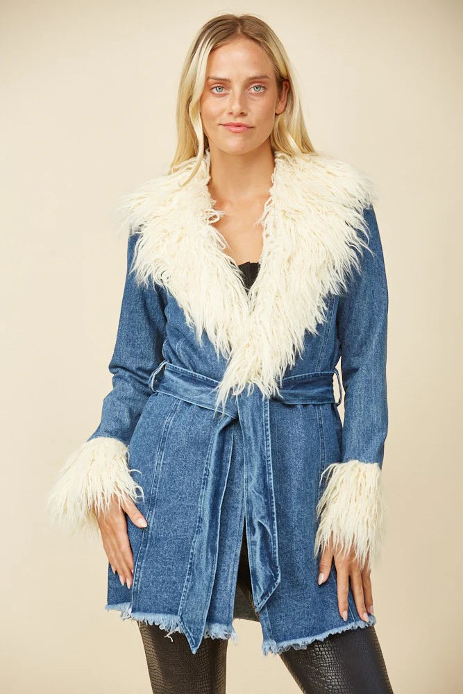 Fur Trim Denim Coat-Branded Envy