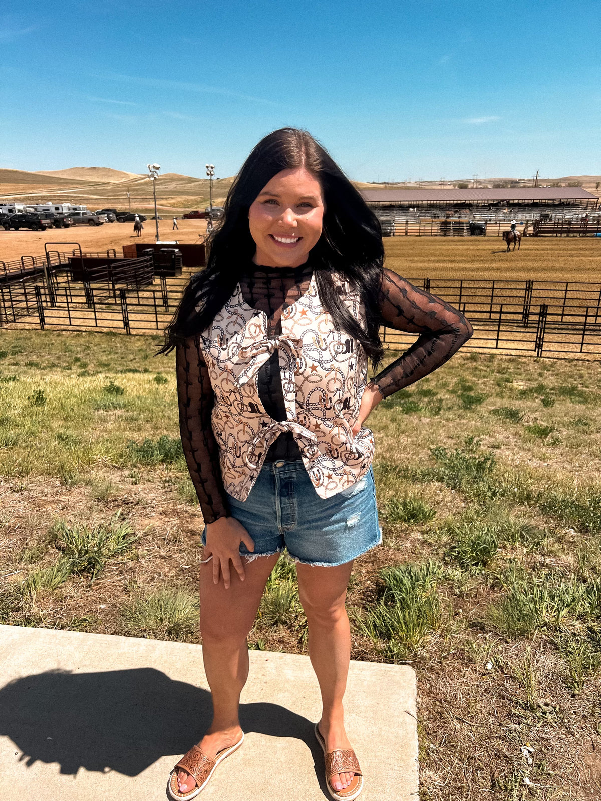 Western Print Mesh Layering Top-Branded Envy