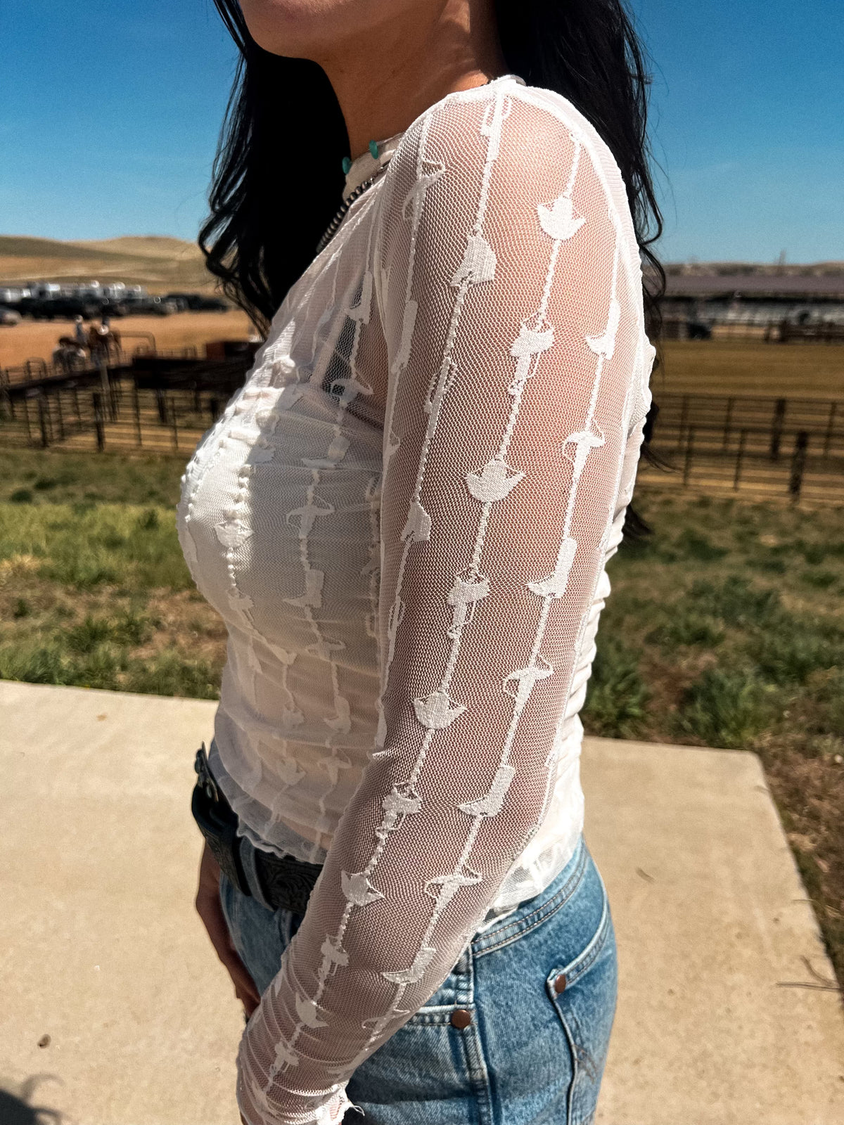 Western Print Mesh Layering Top-Branded Envy