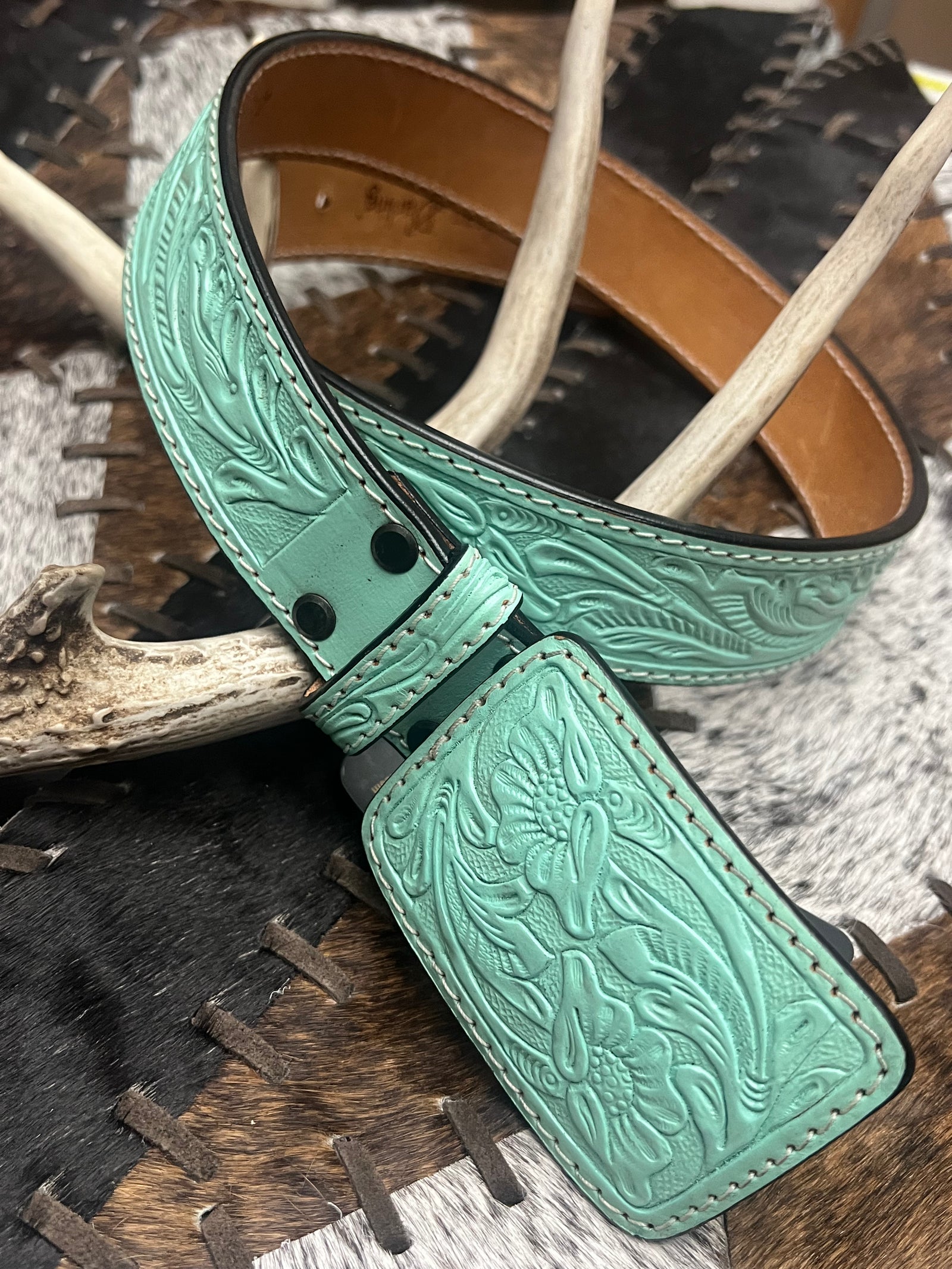 Aqua Turquoise Hand Tooled Belt-Branded Envy