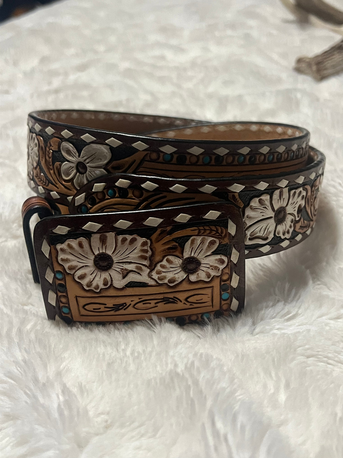 White Floral With Turquoise Studs Hand Tooled Belt-Accessories-Branded Envy