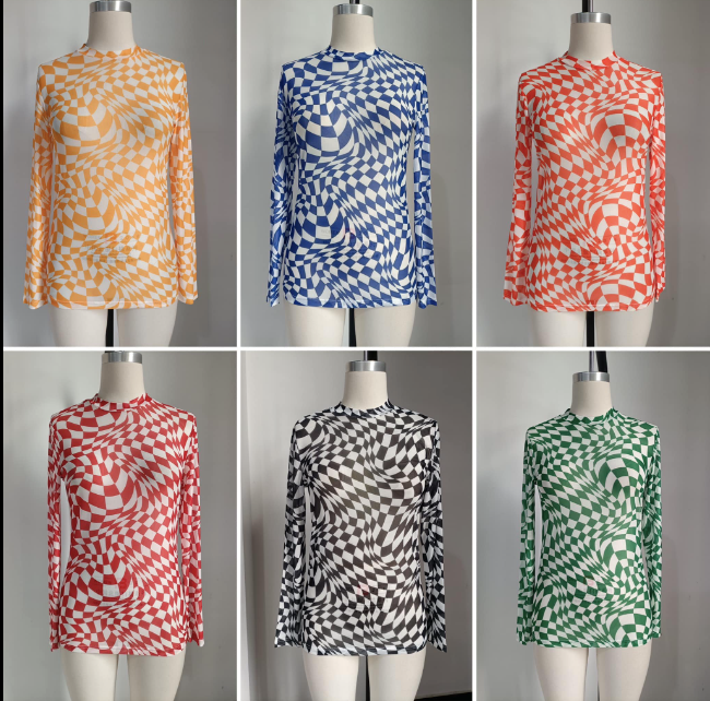 Wavy Check Print Mesh Top-Fashion Top-Branded Envy