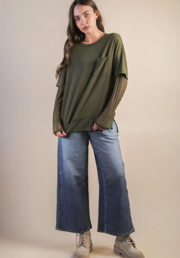 Oversized Casual Knit Top W/ Lace-Branded Envy