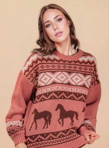 Western Graphic Oversized Knit Sweater Top