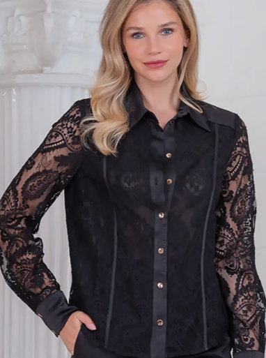 Paisley Lace Long Sleeve with Satin Trim