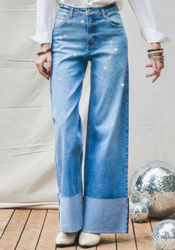 Rhinestone High Rise Cuff Wide Leg Jeans-Branded Envy