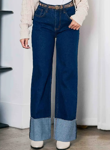 Dark Wash Cuff Up Wide Leg Jeans-Branded Envy