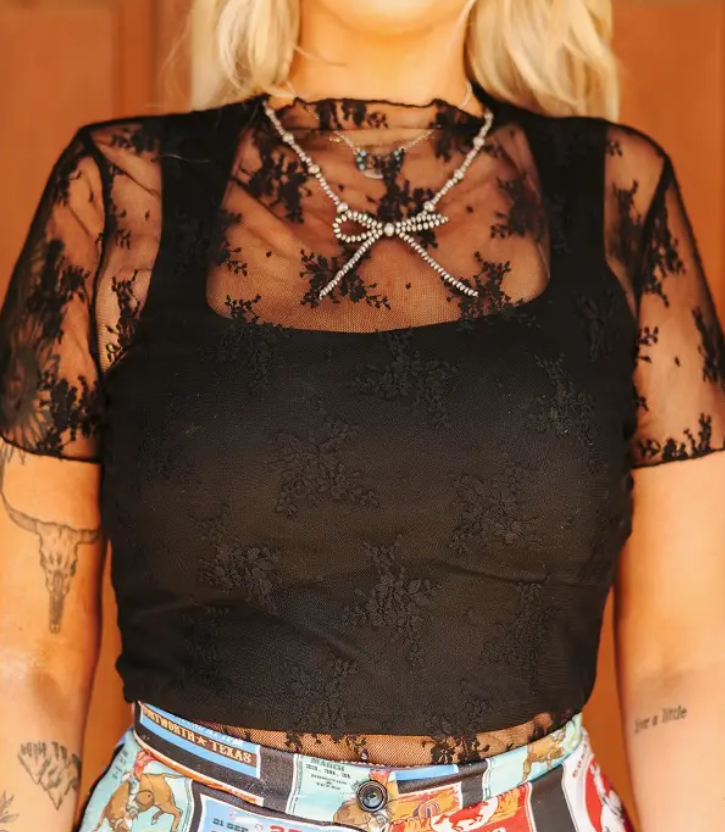 Black Lace Short Sleeve Stretch Top