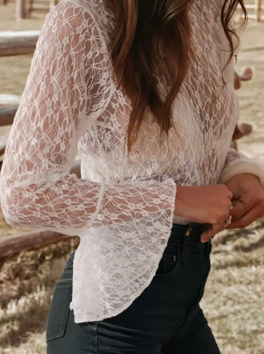 Sheer Lace Bell Sleeve Blouse-Branded Envy