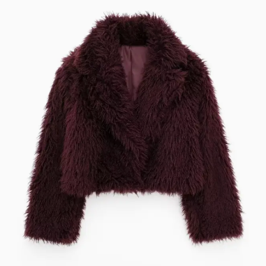 Burgundy Fuzzy Faux Fur Cropped Coat-Branded Envy