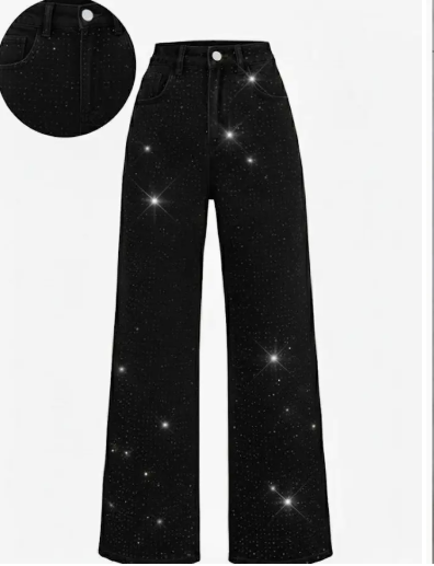 Shiny Rhinestone Wilde-Leg Jeans-Branded Envy