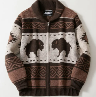 Southwestern Vintage Aztec Buffalo Zip Up Sweater-Fashion Top-Branded Envy