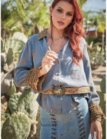 Western Printed Ruffle Cuff Shirt-Branded Envy