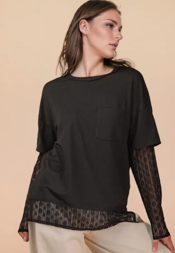 Oversized Casual Knit Top W/ Lace-Branded Envy