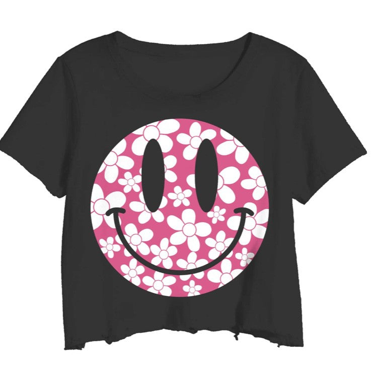 Smiley Floral Crop-graphic tee-Branded Envy