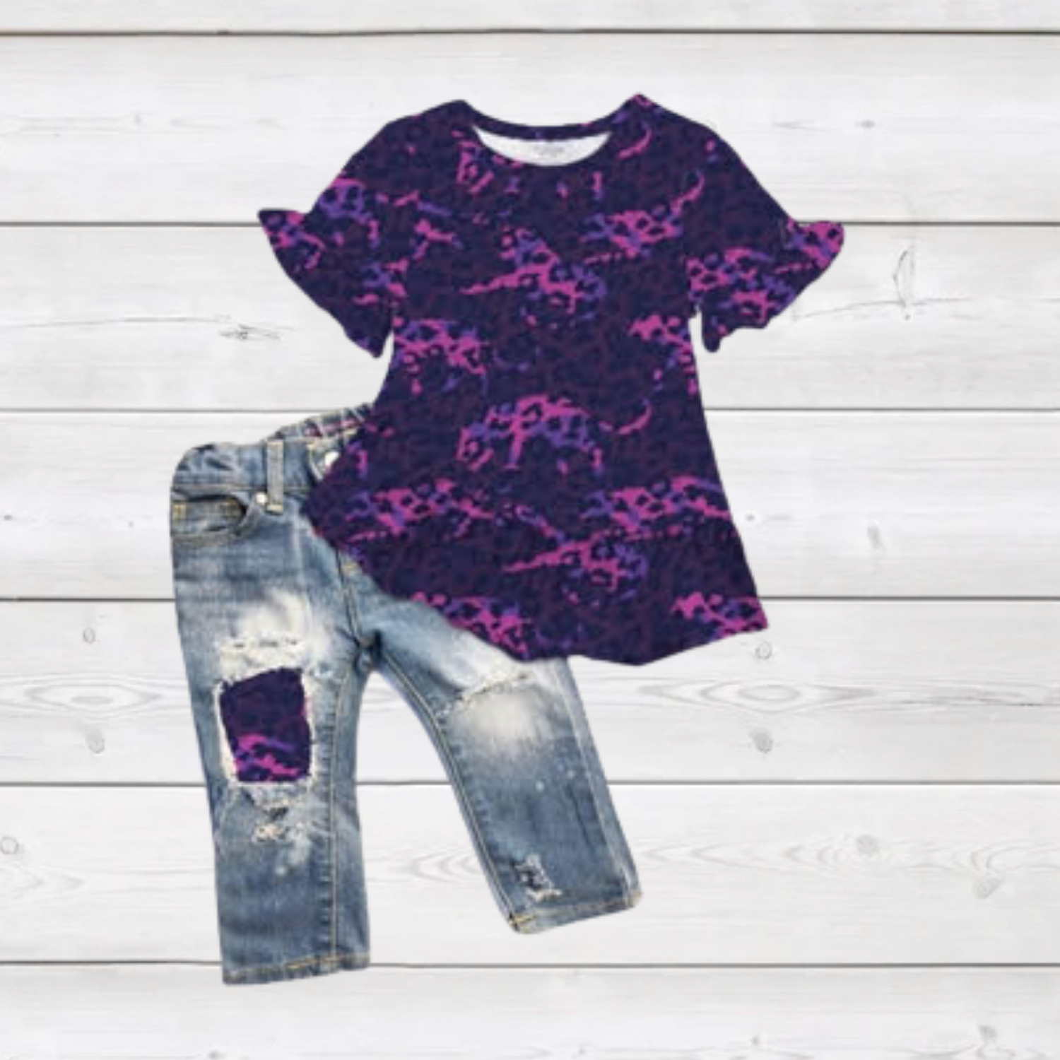 Purple&Magenta Cheetah Ruffle Top w/Denim Pants (SWS4040)-Kids Fashion-Branded Envy