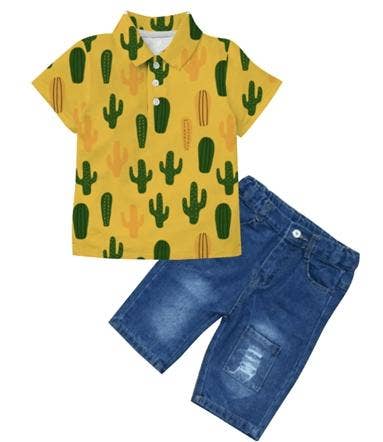 Mustard Cactus Polo denim shorts set-Kids Fashion-Branded Envy