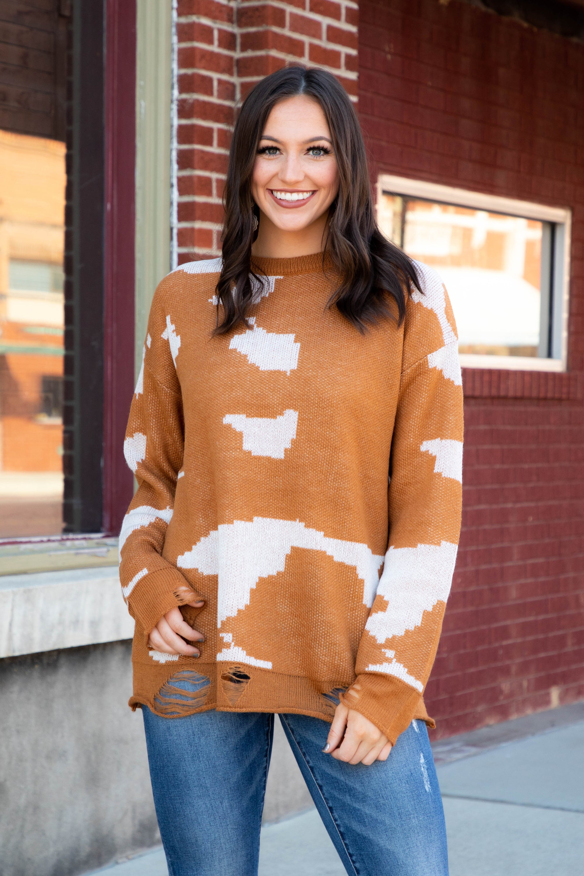 Cowhide Print Distressed Sweater-sweater-Branded Envy