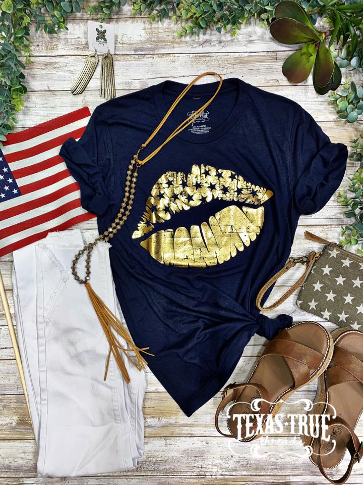 Patriotic Gold Foil Lips Graphic Tee-graphic tee-Branded Envy