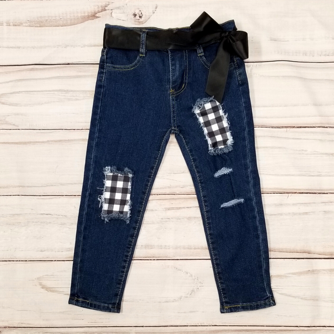 Ruffled Buffalo Plaid Top w/Distressed Denim Pants - Black and White-Branded Envy