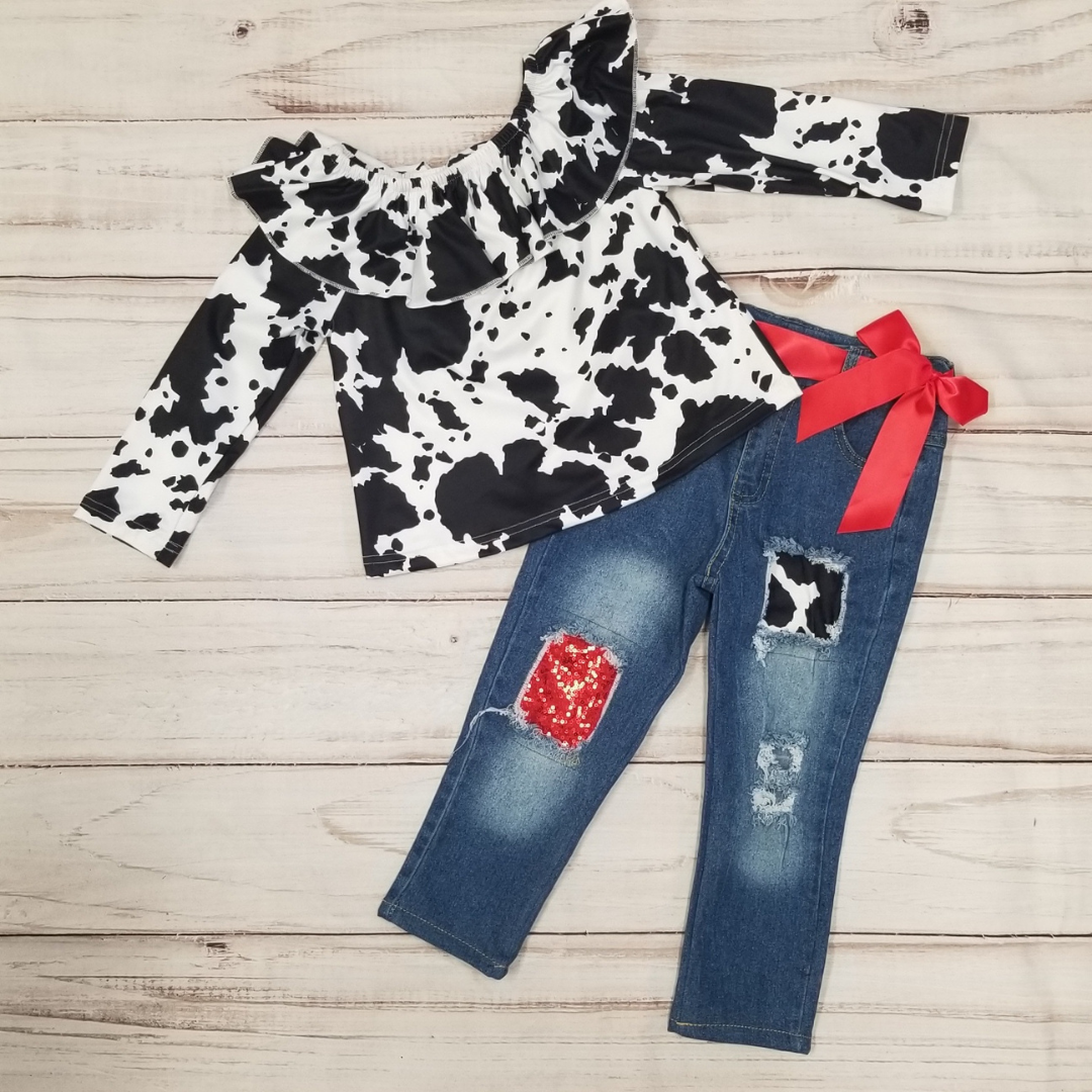 Black Cowprint Denim with Red Sequins Outfit-Kids Fashion-Branded Envy