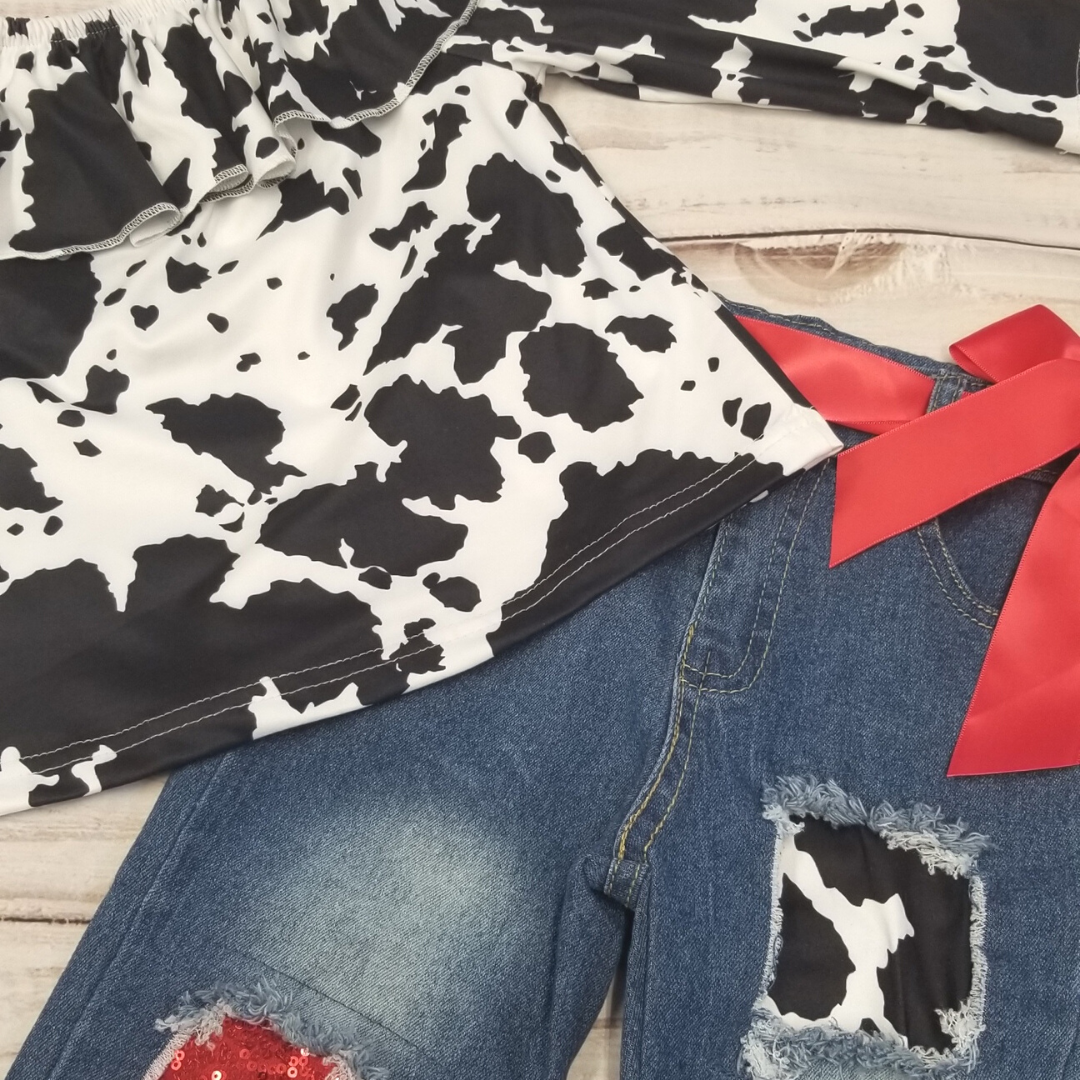 Black Cowprint Denim with Red Sequins Outfit-Kids Fashion-Branded Envy
