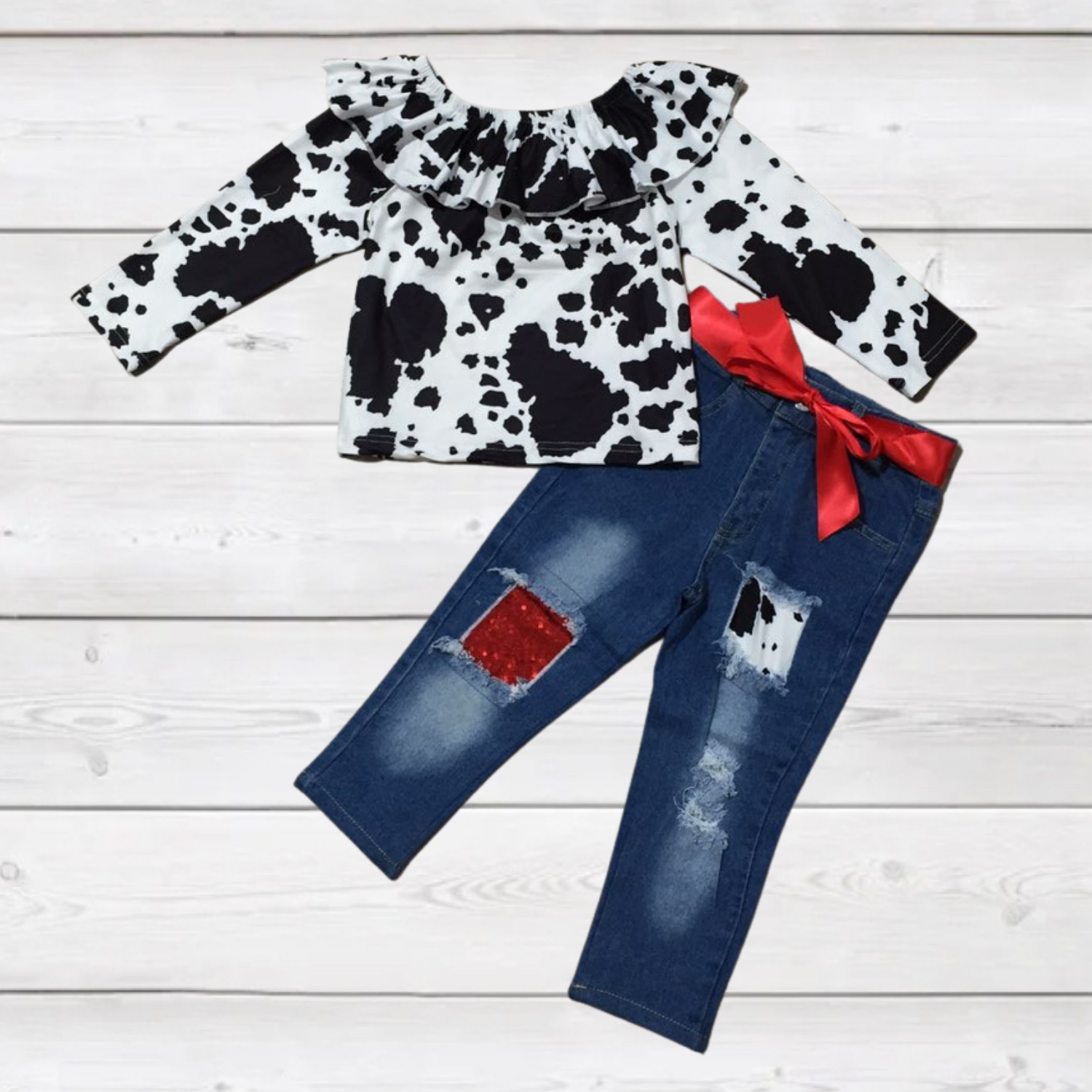 Black Cowprint Denim with Red Sequins Outfit-Kids Fashion-Branded Envy
