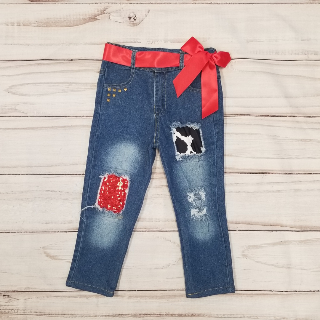 Black Cowprint Denim with Red Sequins Outfit-Kids Fashion-Branded Envy