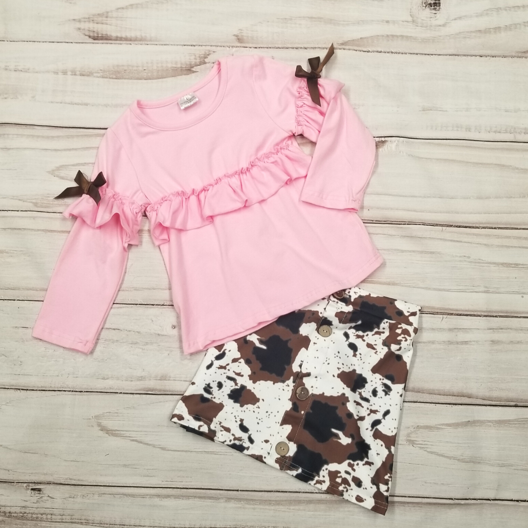 Brown Cowhide Button Skirt with Pink Top-Branded Envy