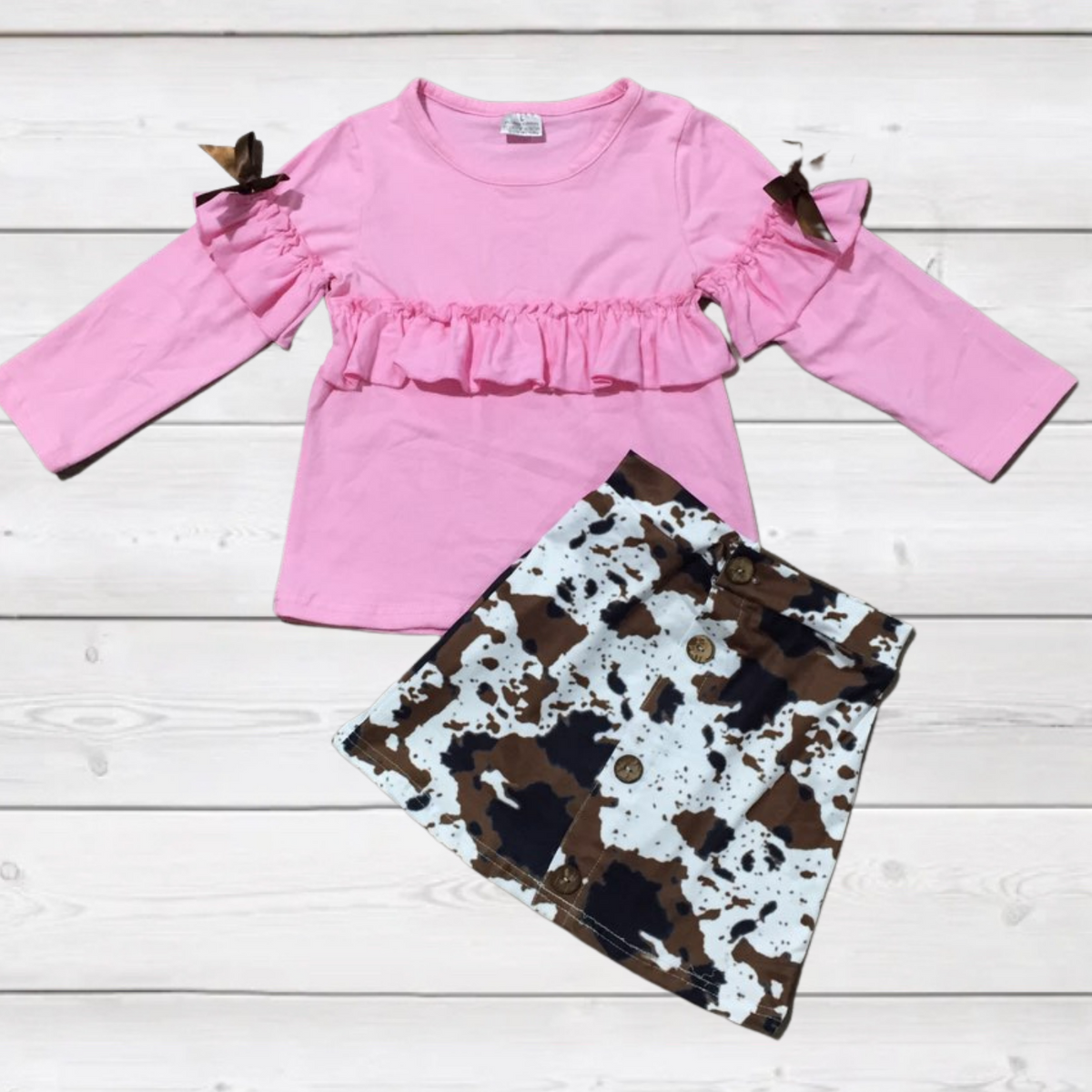 Brown Cowhide Button Skirt with Pink Top-Branded Envy