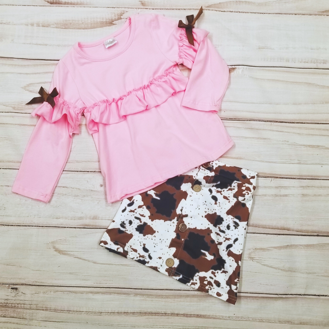 Brown Cowhide Button Skirt with Pink Top-Branded Envy